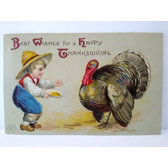 Thanksgiving Postcard Unsigned Ellen Clapsaddle Country Boy Peakville NY 1908 - Picture 2 of 3